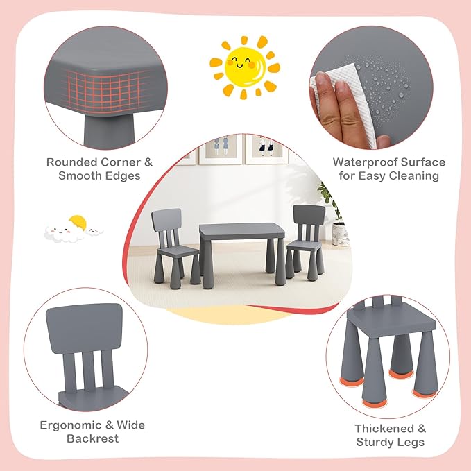 HONEY JOY Kids Table and Chair Set, Plastic Children Activity Table and 2 Chairs for Art Craft, Easy-Clean Tabletop, 3-Piece Toddler Furniture Set for Daycare Playroom, Gift for Boys Girls (Grey)