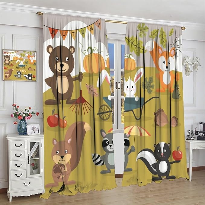 Cartoon Curtains, Jungle Animals Autumn Fun Pattern Blackout Window Treatments, Rod Pocket Thermal Insulated Drapes 2 Panel Sets for Children Boys Bedroom Nursery Classroom, 72" W X 63" L
