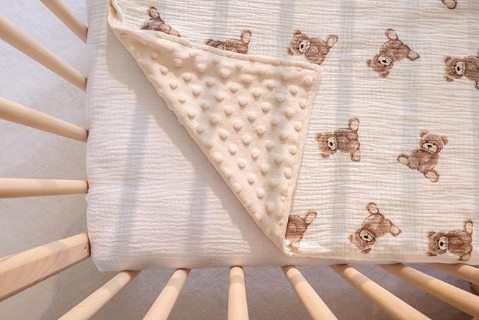 Little Jump Baby Blankets Minky Blankets for Unisex Boys Girls, Soft Fluffy Crib Blankets with Muslin Cotton Front and Dotted Fleece Backing, Teddy Bear Receiving Blanket for Newborn Infants