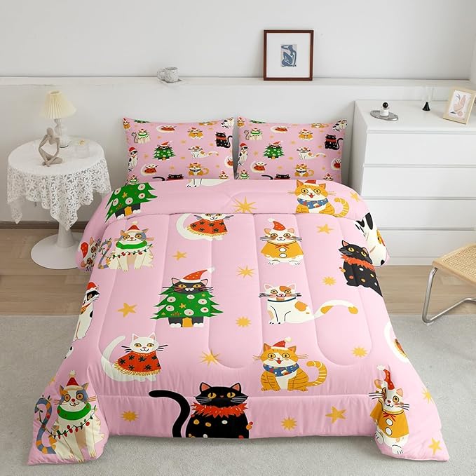 Erosebridal Christmas Decor Quilts Cute Cats Comforter Set Toddler Size for Kids Boys Girls Bedroom Xmas Tree Bedding Set Cartoon Animal Down Comforter with 1 Pillow Case