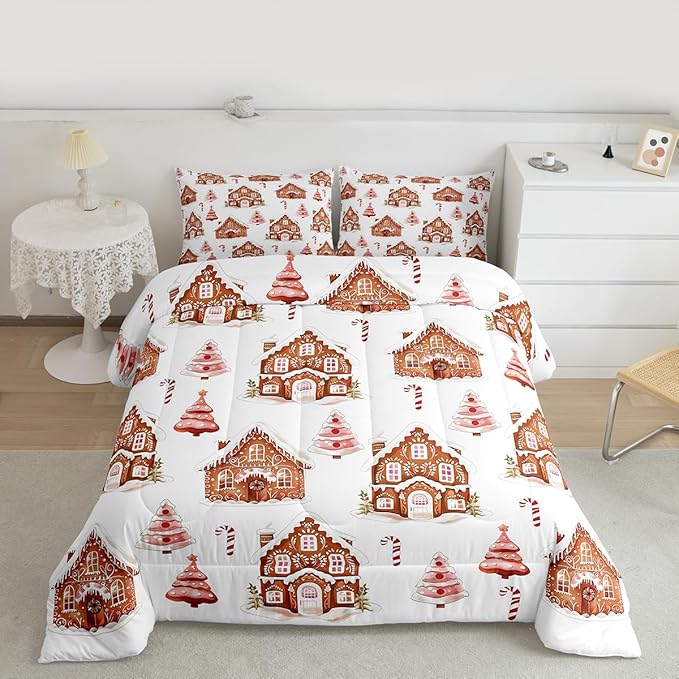 Feelyou Merry Christmas Comforter Set Toddler Size Gingerbread House Bedding Set for Kids Boys Girls Xmas Tree Duvet Quilt Candy Cane Bedroom Decor Microfiber 2 Pcs with 1 Pillow Cases
