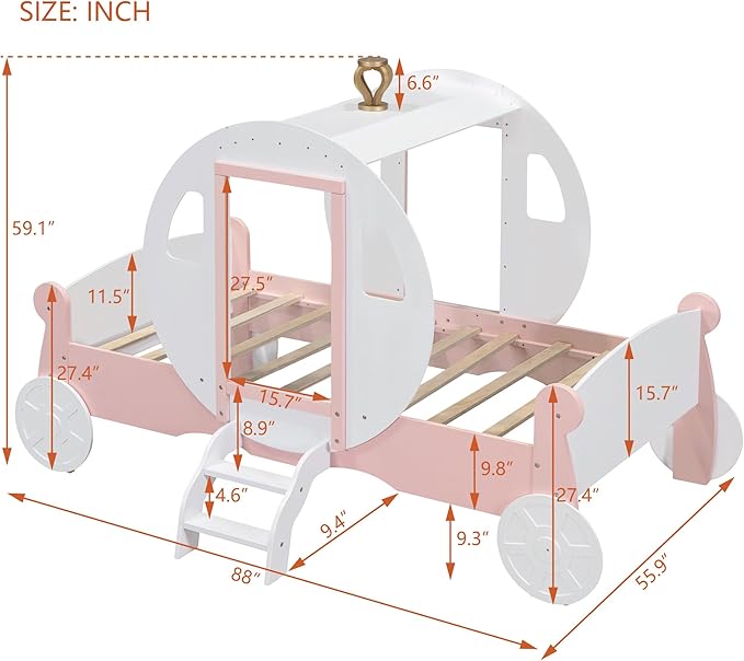 Cute Twin Size Princess Carriage Bed with Crown and Stair,Solid Wood Platform Car Bed Frame with 2 Doors,Headboard and Footboard,Safety Wood Slats for Kids Boys Girls (White+Pink-s18)