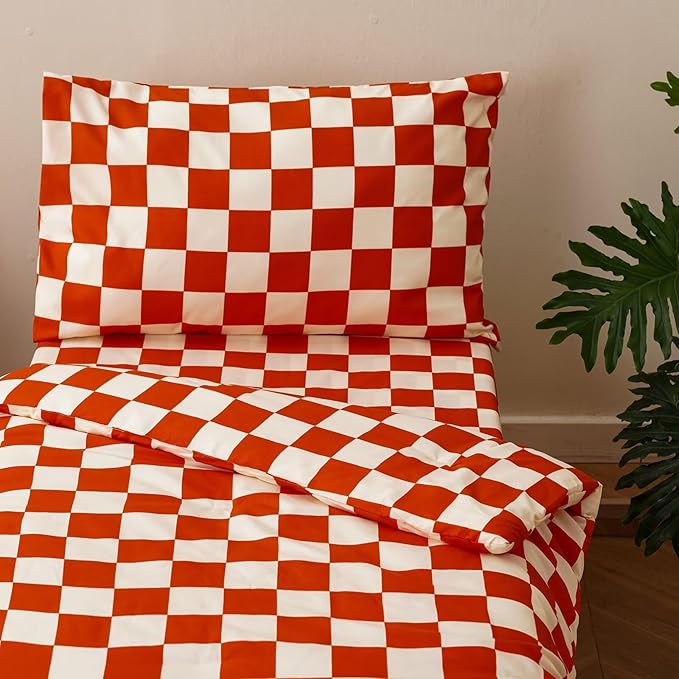 CLOTHKNOW Plaid Toddler Bedding Sets for Boys Girls, 4Pieces Rust Beige Grid Pattern, Soft Crib Bed Set Including Comforter, Flat Sheet, Fitted Sheet and Pillowcase, Rust Beige