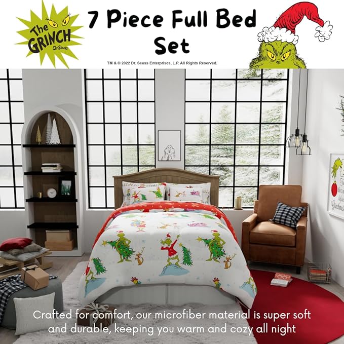 Grinch by Dr. Seuss Holiday & Christmas Bedding Super Soft Comforter and Sheet Set with Sham, 7 Piece Full Size (Official Dr. Seuss Product) by Franco