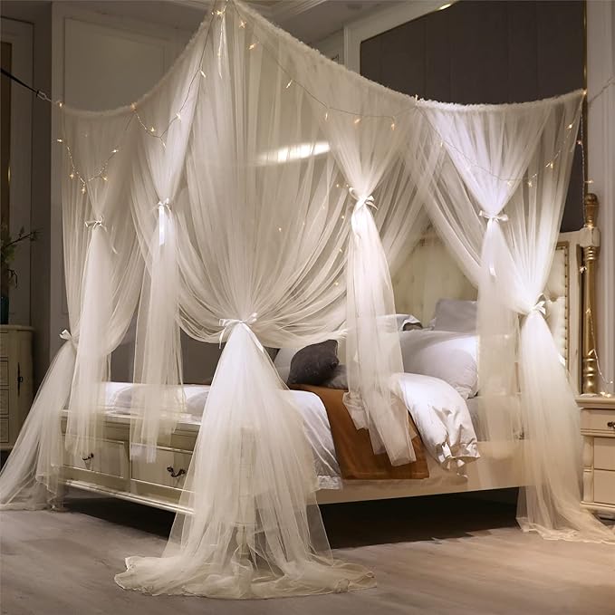 VETHIN 4 Corners Post Princess Bed Canopy Curtain Double Layer Cozy Drape Netting 4 Opening Mosquito Net for Girls & Adults Bedroom Decoration Accessories (Double White, 59" W*82" L*82"*H/(Queen))