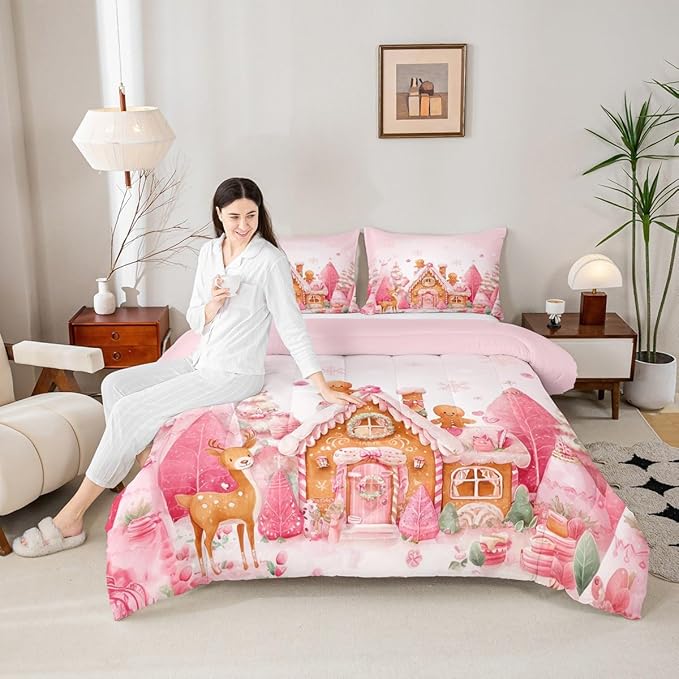 jejeloiu Kids Christmas Theme Comforter Set Twin Size Cute Deer Gingerbread Man Bedding Set for Boys Girls Teens Pink Xmas Tree Candy House Snowflake Winter Duvet Quilt Room Decor
