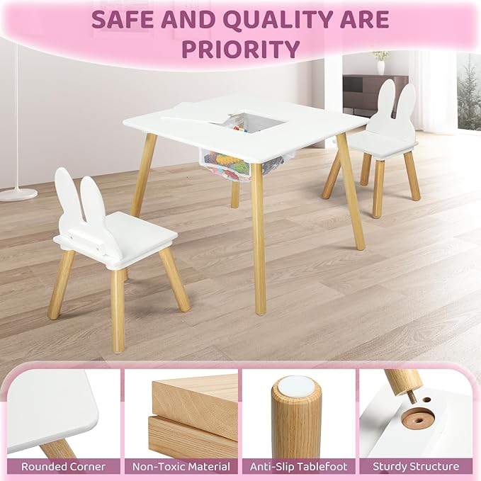 JOYMOR Kids Table and 2 Chairs Set, 3 in 1 Design for Toddler Activity, with Removable Tabletop, Storage Space and White Bunny Ear Chairs, Ideal for Craft and Playroom, Fit for Kids 2 to 5 Years Old