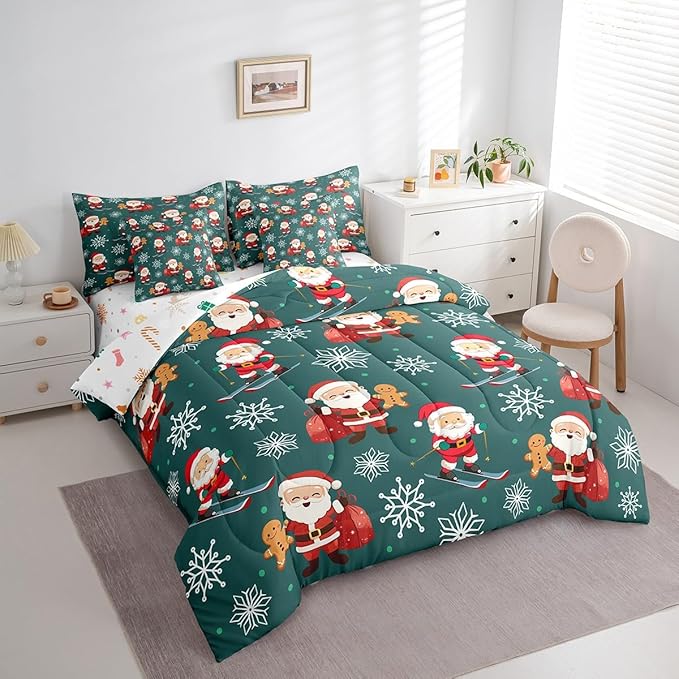 Erosebridal 7Pcs Cartoon Santa Claus Comforter Set Twin Size,Xmas Gingerbread Bedding Set,Christmas Snowboard Snowflake Bed in A Bag,Cute Christmas Ornaments Quilt with Flat Fitted Sheet