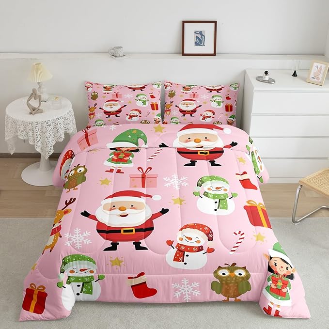 Erosebridal Merry Christmas Bedding Set for Kids Santa Claus Quilts Cute Cartoon Snowman Comforter Set King Size with 2 Pillow Cases Xmas Snowflake Duvet Insert,Pink