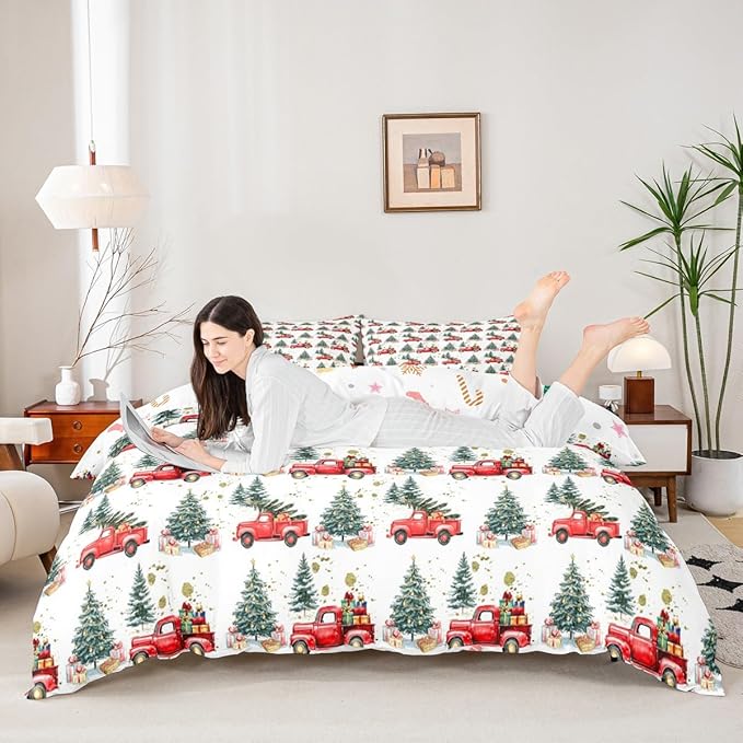 Feelyou Christmas Duvet Cover Boys Christmas Tree Bedding Set for Kids Teens Ultra Soft Cartoon Car Comforter Cover Set Watercolor Xmas Theme Bedspread Cover Room Decor Queen Size Bedclothes Zipper