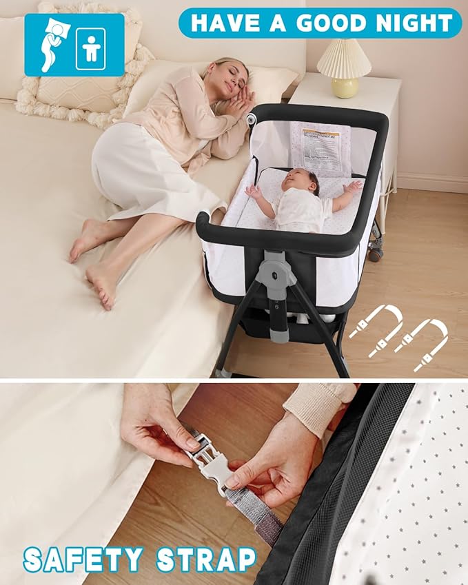 3 in 1 Baby Bassinet Crib with Breathable Mesh, Bassinet Bedside Sleeper with Wheels, Mosquito Net, Storage Basket, 6 Height Adjustable, Easy to Fold, Rocking Bassinet for Baby, Black