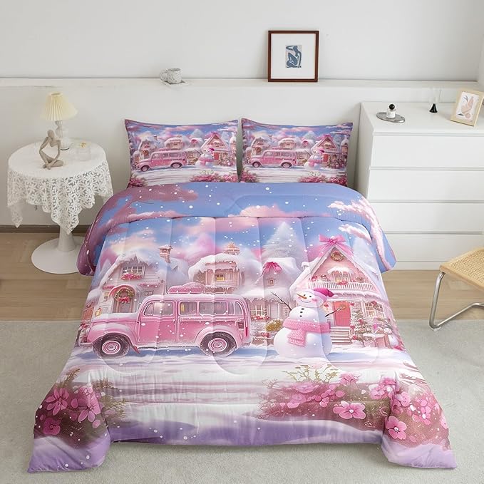 Manfei Christmas Comforter Set Queen Size, Pink Truck Flower Snowman Bedding Set for Kids Girls Room Decor, New Year Theme Down Comforter, Lightweight Duvet Insert, 2 Pillowcases