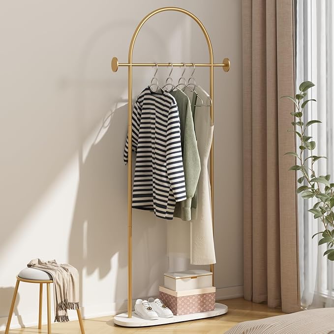 Gold Clothing Rack with Marble Base, Modern Gold Coat Racks Freestanding with 2 Hooks, Heavy Duty Clothes Rack, Coat Rack Stand for Entryway, Bedroom, Living Room, Boutiques