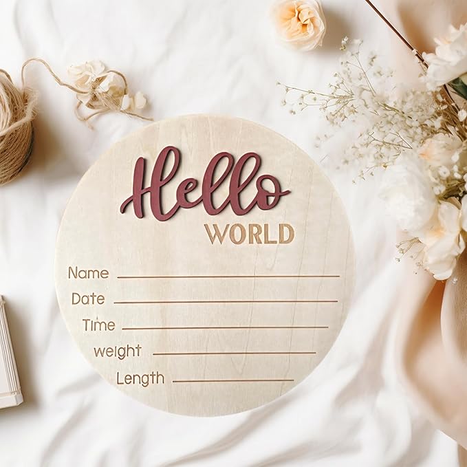 Baby Announcement Sign, 5.9 Inch Wooden Hello World Newborn Signs, Birth Announcement Sign, Baby Shower Hospital Nursery for Newborn Boys and Girls (Tea Red,Pen)