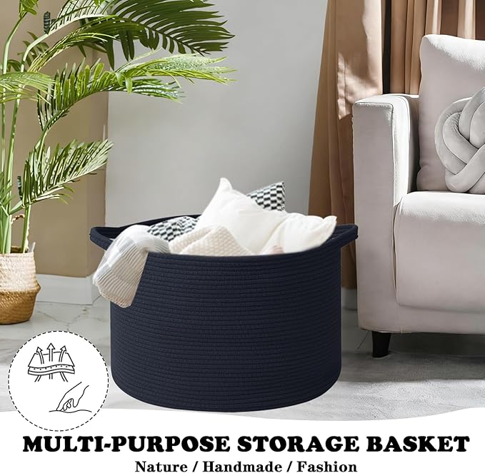 Large Blanket Basket for Organizing,115L Closet Organizers and Storage Bins Box for Shelves Woven Rope Storage Baskets,Living Room,Bedroom,Dorm,Laundry room (Navy)