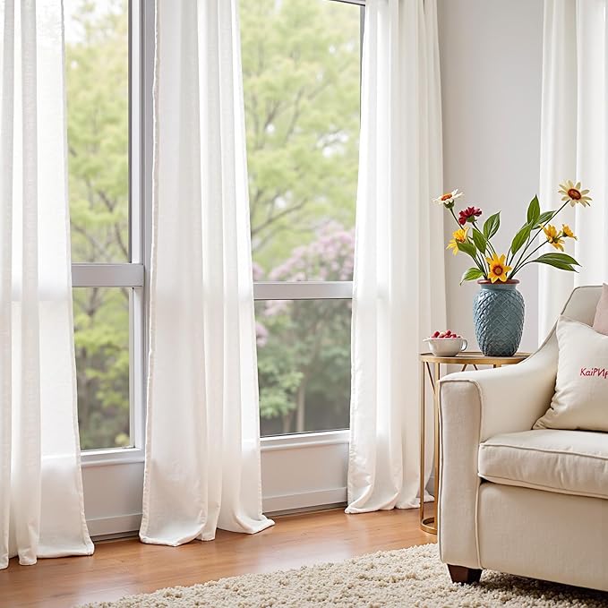 jinchan Linen Blend Curtains 90 inch Length 2 Panels for Bedroom Living Room, Light Filtering 60 inch Wide Farmhouse Drapes with Rod Pocket Back Tab(60W x 90L, Off White)
