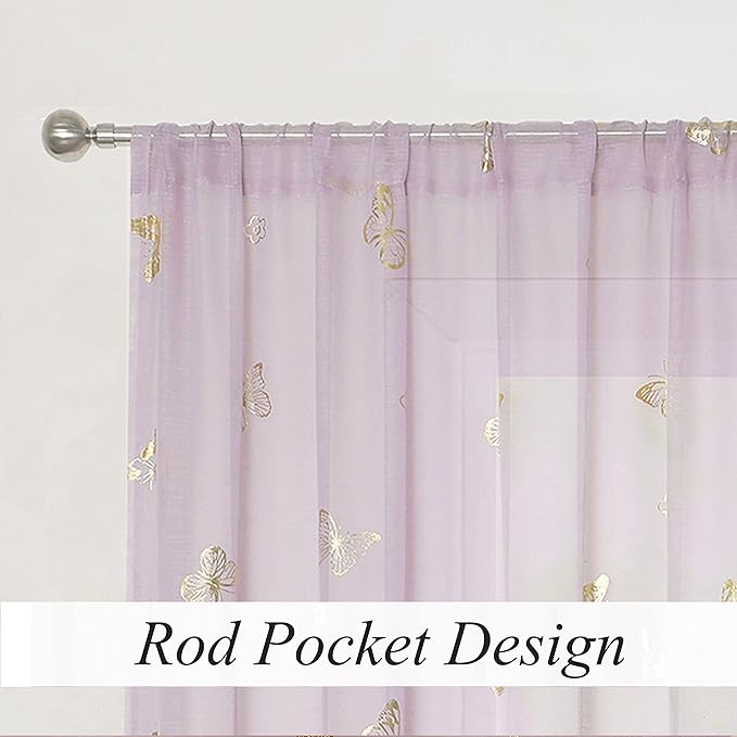 Jubilantex Butterfly Sheer Curtain Panels for Baby Girls Bedroom, Toddler Gold Print Linen Rod Pocket Voile Drapes 63 Inch for Kids Room Living Room, Lavender/Lilac Purple, 2 Panels