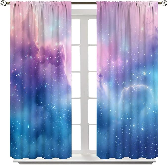 Starry Sky Galaxy Curtains, Outer Space Glitter Dreamy Gradient Romantic Blackout Window Curtains Drapes for Kids Girls Boys Adults Bedroom Nursery 42" W X 45" L