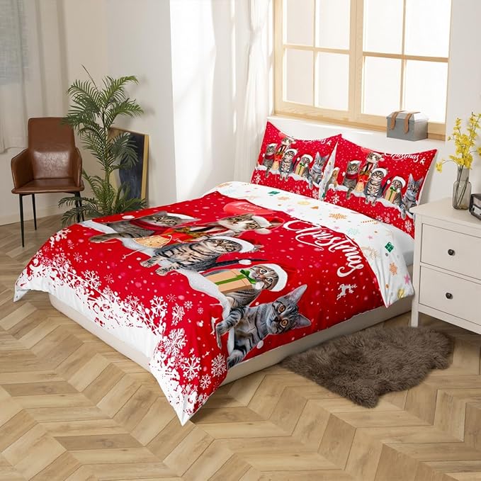 Merry Christmas Cat Bedding Set Xmas Snowflake Pet Cats Duvet Cover for Kids Children Teens Cute Kitten Comforter Cover 3D Animal Red White Bedspread Cover Bedroom Decor Quilt Cover 3Pcs Full Size