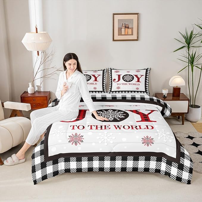 Christmas Snowflake Kids Comforter Set Full Size,Cottage Plank Bedding,Girls Boys Adults Bedroom/Xmas Cabin Decor,Geometric Grids Stylish Down Comforter,Rustic Farmhouse Duvet Insert,2 Pillowcases