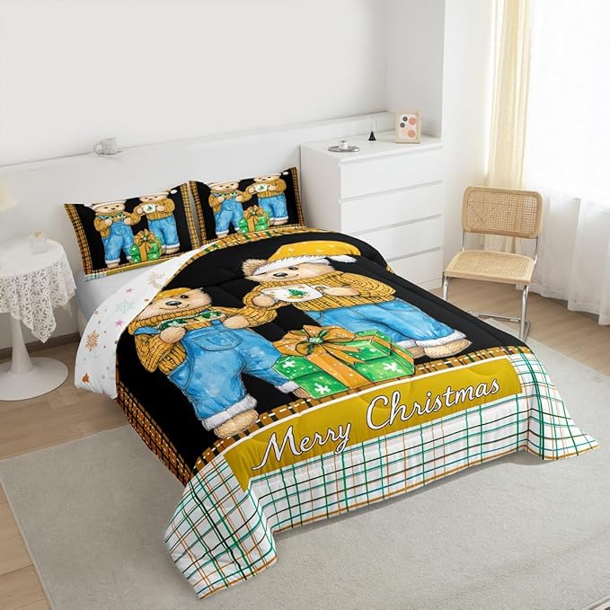 Feelyou Merry Christmas Comforter Set All Season Cute Bear Bedding Set with 1 Pillow Cases Microfiber Kids Twin Bedclothes Winter Bedroom Decor Duvet Quilt Breathable Soft