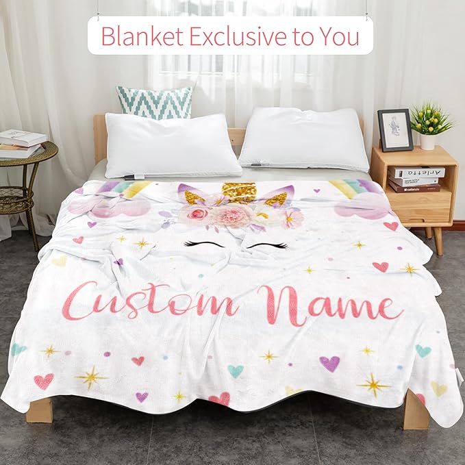 Personalized Horse Blanket with Name for Girl, Custom Name Blanket for Teen, Soft Flannel Pink Toddler Blanket Customized Gift for Birthday 50"x60"