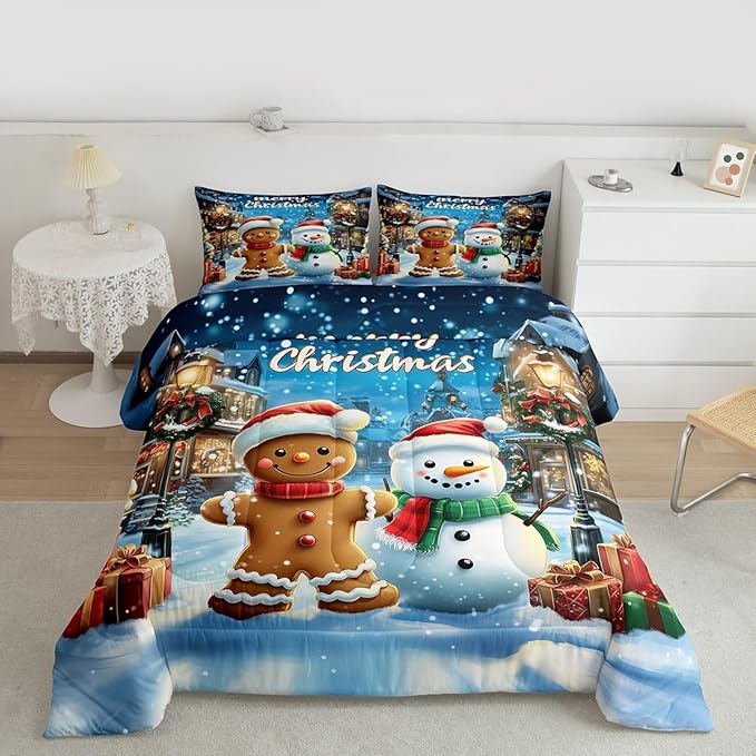 Gingerbread Man Girls Bedding Set Twin Size,Cute Snowman Merry Christmas Comforter Set,Snowflake Winter Xmas Poinsettia Quilt Comforter Girls Boys Teens,Blue Brown Room Decor All Season,1 Pillowcase