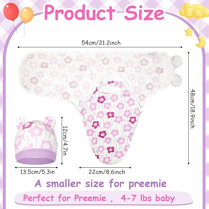 Ramede 6 Pack Preemie Swaddle Blanket with Hats Sleep Swaddle for Baby Boy Girl Preemie Newborn Sacks Soft Cotton Wearable(Flower,Pink and Green)