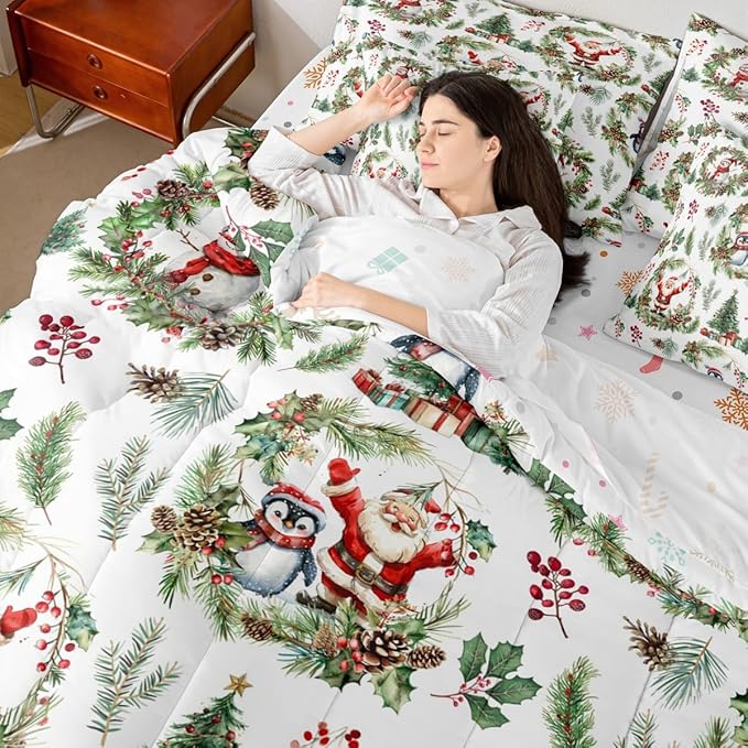Erosebridal Christmas Santa Claus Bed in A Bag 7 Pcs Cute Penguin Snowman Comforter Set for Women Men Xmas Berry Tree Bedding Sets King Berry Branches Holiday Wreath Sheet Set with Comforter