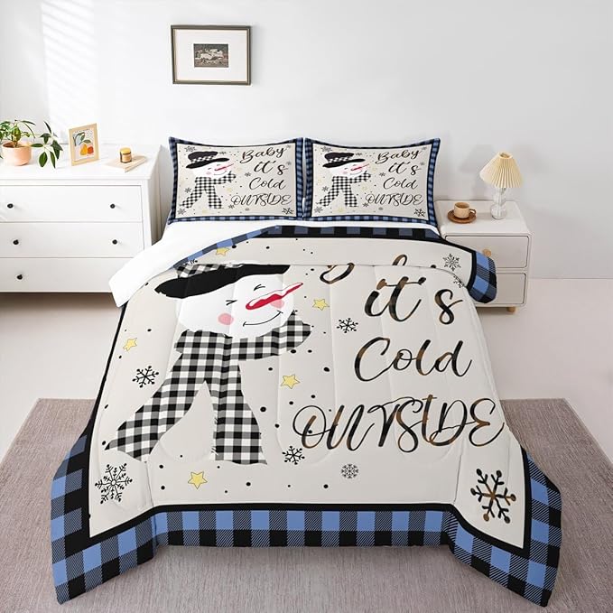 Christmas Snowman Kids Comforter Set King Size,Snowflake Christmas Holiday Bedding Set,Girls Boys Adults Xmas Decor,Geometric Grids Lattices Down Comforter,Blue Rustic Duvet Insert,2 Pillowcases