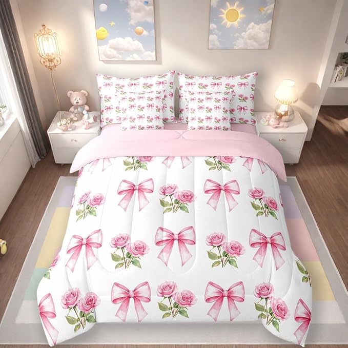 7 Pieces Pink Bowknot Kids Comforter Queen,Rose Flowers Valentine's Day Romantic Bedding Set,Pink Bow Tie Knot Princess Dreamy（Comforter+Fitted+Flat Sheet+2 Pillowcases+2 Throw Pillow Covers）