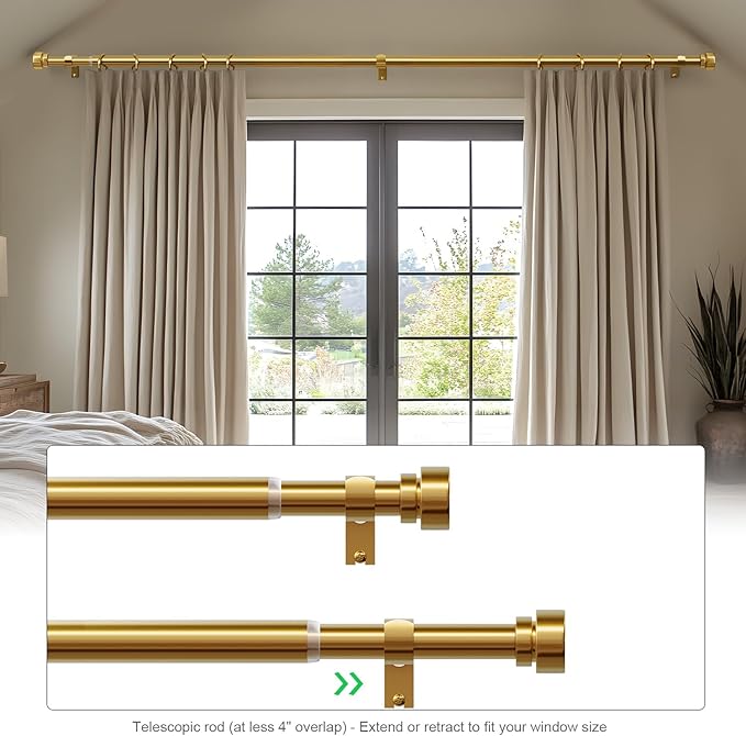 Gold Curtain Rods for Windows 48 to 84 Adjustable Modern Curtain Rod 1 inch Diameter Heavy Duty with Solid Metal Finials for Living Room Bedroom Farmhouse Outdoor Patio