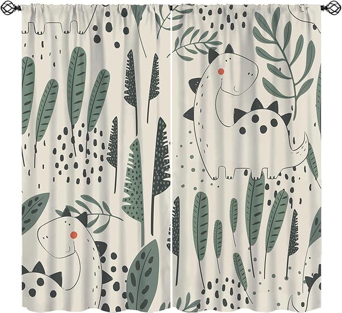 Dinosaur Curtains, Cute Dino Tropical Leaves Plant Beige Green Blackout Window Treatments, Rod Pocket Thermal Insulated Drapes 2 Panel Sets for Children Bedroom Nursery Classroom, 55" W X 63" L