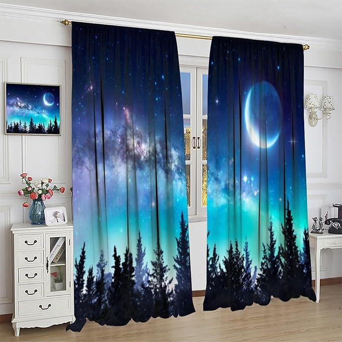 Galaxy Forest Blackout Curtains, Night Starry Sky Stars Moon Aurora Borealis Window Drapes for Bedroom Living Room Home 72" W X 63" L
