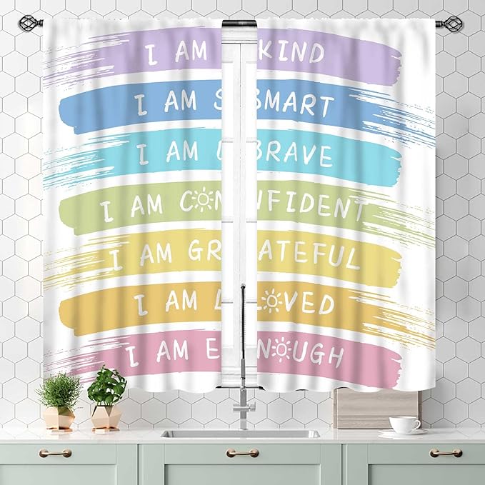 Rainbow Curtains for Classroom, Kids Girls Baby Boho Cute Inspirational Motivational Quotes Cartoon Colorful Pastel Nursery Classroom Bedroom Living Room Bathroom Window Drapes 2 Panels, 55x39 Inch