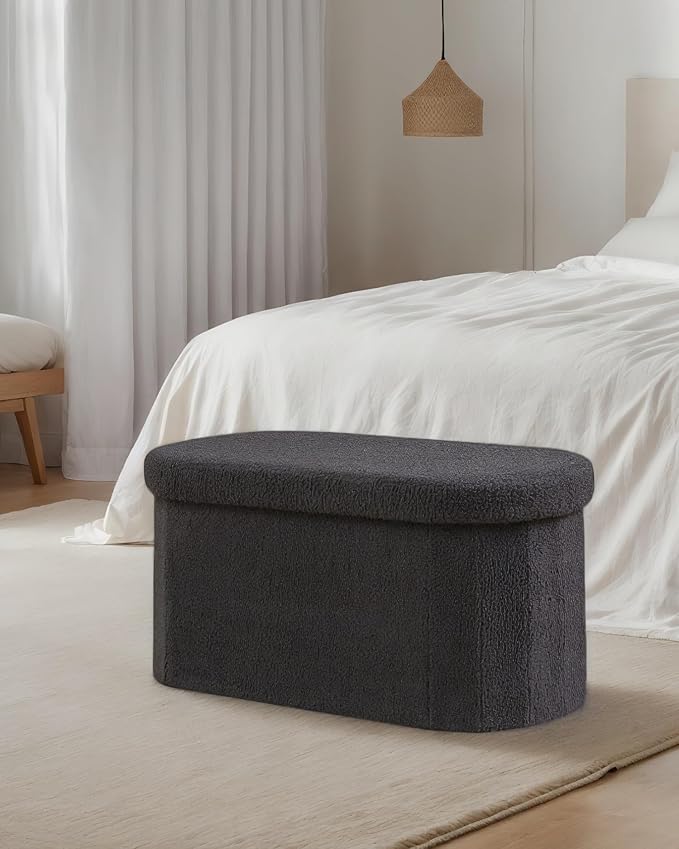 30" Oval Foldable Ottoman with Storage, Teddy Boucle Fabric Footrest, Storage Bench for Living Room, Bedroom, Entryway, Dorm, Darkgrey