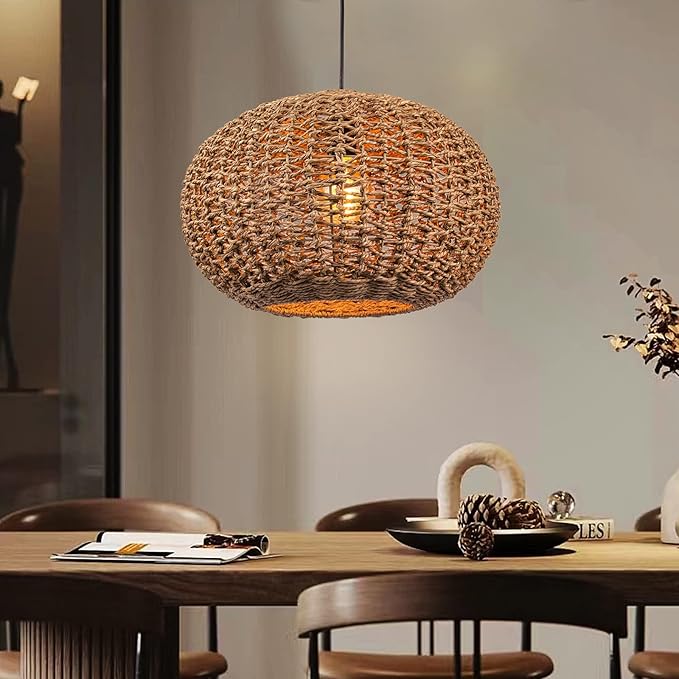 Arturesthome Rattan Chandelier, Handwoven Kitchen Pendant Light,Wicker Lamp Shade Farmhouse Ceiling Lighting Fixtures,Country Weave Hanging Light for Foyer Nursery