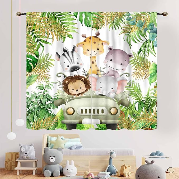 Jungle Safari Animals Curtains, Cartoon Animals Lion Giraffe Elephant Woodland Tropical Leaf Green Window Drapery for Kids Boys Girls Baby Living Room Bedroom Nursery 2 Panels, 84"x84" Inch