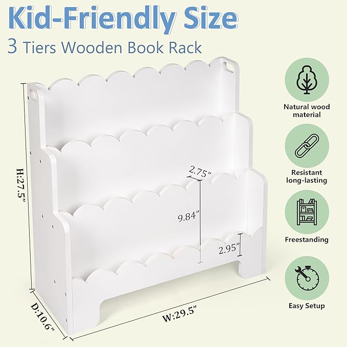 Kids Bookshelf Wooden 3-Tier, Scalloped Book Shelf for Kids Rooms, Front Facing Toddler Montessori Bookshelf, Baby Nursery Book Shelves Kids Classroom Bookshelf Bookcase