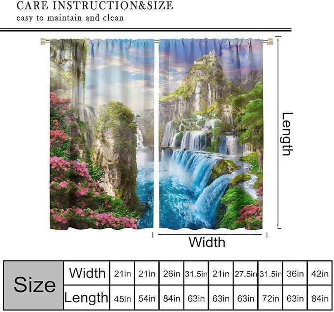 Forest Waterfall Blackout Curtain, Watercolor Tropical Jungle Waterfall Spring Flower Natural Scenery Pattern Window Drapes, for Bedroom Living Room 42" W X 54" L