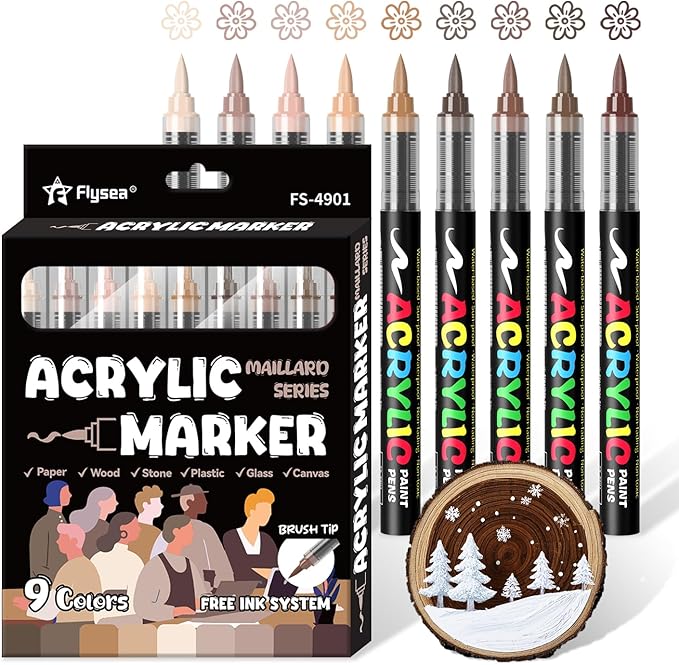 Paint Pens Acrylic Markers - 9 Maillard Series Brush Tip Water Based Marker Pens for Rock Painting, Wood, Ceramic, Glass, Acrylic Paint Markers for Egg Pumpkin