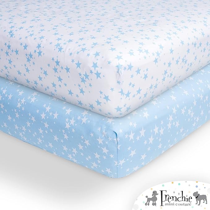 Frenchie Mini Couture Fitted Pack n Play Sheets,100% Cotton Standard Mattress, Blue Stars, 27 x 39in, 2-Pack