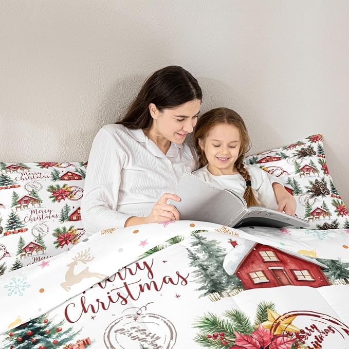 Merry Christmas Comforter Set King Size,Poinsettia Winter Xmas Pine Tree Kids Bedding Set,Snowflake Rustic Farmhouse Quilt Comforter,Red Green White Duvet Insert,2 Pillowcases