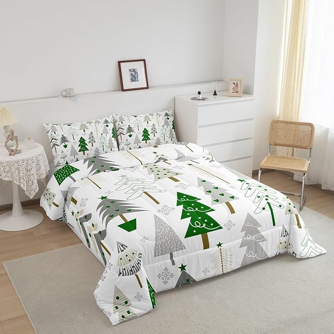 Castle Fairy Xmas Trees Comforter Set Twin Size,Merry Christmas Pine Hand Drawn Bedding Set for Kids Boys Men,Green Plant Snowflakes Winter Quilted Duvet Set with 1 Pillowcase