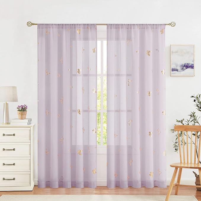 Jubilantex lila Sheer Curtain with Gold Butterfly Pattern for Kids Room, Linen Textured Rustic Metallic Print 95 Inch Rod Pocket Window Drapes for Girls Bedroom Living Room, 2 Panels