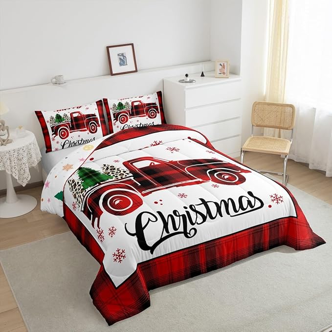 Manfei Xmas Truck Comforter Set Twin Size, Christmas Tree Snowflake Print Bedding Set 2pcs for Kids Boys Girls Bedroom Decor, New Year Theme Red Plaid Print Quilt Set with 1 Pillowcase
