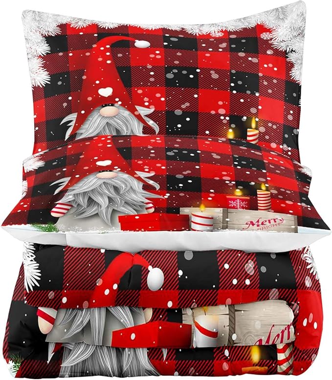 LUVIVIHOME 2PCS Merry Christmas Comforter Set Twin Size, Funny Gnome Bedding, Red and Black Plaid Winter Snowflake Christmas Bedroom Decor for Kids Boys Girls Teens Toddler, Xmas Gifts, 1 Pillow Sham