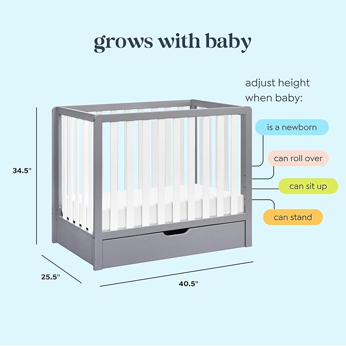 Carter's by DaVinci Colby 4-in-1 Convertible Mini Crib with Trundle Drawer in Grey and White, Greenguard Gold Certified, Undercrib Storage