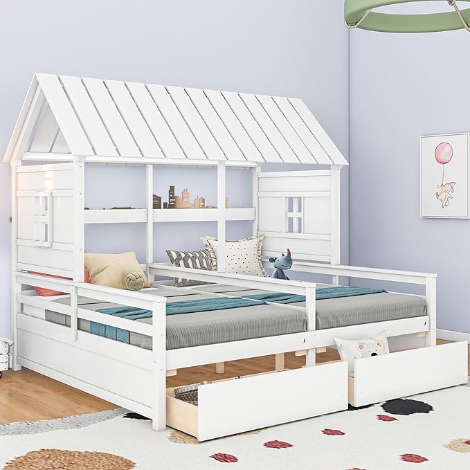 Harper & Bright Designs Twin Size House Platform Beds with Two Drawers for Boy and Girl Shared Beds, Combination of 2 Side by Side Twin Size Beds,White
