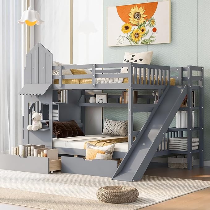 MERITLINE Full Over Full Castle Bunk Bed with Slide,Stairs and Drawers,Solid Wood Floor House Princess Bunk Bed with Storage Shelves (Grey,Full Over Full)